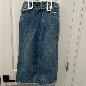 Cat & Jack Embroidered Flower Wide Leg Blue Denim Jeans, Girls Size 12